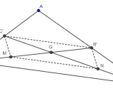Geometría: puntos A, B, C forman un triángulo. Se muestran puntos intermedios y líneas, incluyendo una bisectriz de un triángulo.