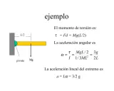 Ejemplo para calcular momento de torsión y aceleración angular de una barra con masa Mg, pivote y longitud L.