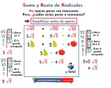 Ejemplos de suma y resta de radicales: simplificar antes de operar, como peras y manzanas.