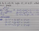 Triángulo con lados √13, √17, √20 y sus coordenadas. Se muestran ecuaciones para calcular el área, evitando la fórmula de Herón.