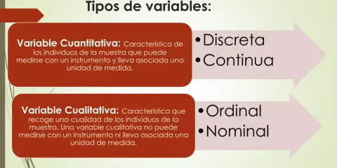 Clasificación de tipos de variables estadísticas: cuantitativas (discreta, continua) y cualitativas (ordinal, nominal).