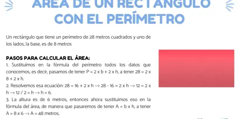 Calculando el área de un rectángulo con perímetro 28m y base 8m. Se muestra el proceso paso a paso para hallar la altura y luego el área.