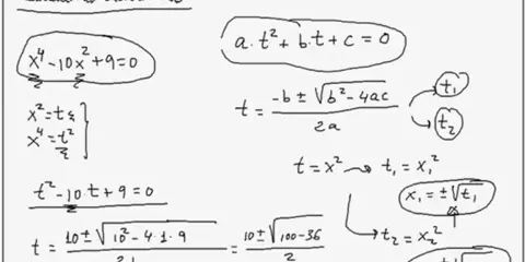 Ejercicios de ecuaciones bicuadradas: se muestra la resolución de x⁴ - 10x² + 9 = 0, transformándola en una ecuación de segundo grado.