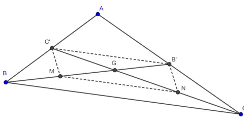 Geometría: puntos A, B, C forman un triángulo. Se muestran puntos intermedios y líneas, incluyendo una bisectriz de un triángulo.