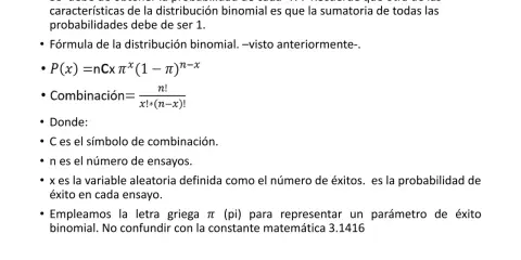 Fórmula de probabilidad binomial: P(x) = nCx π^x (1 – π)^n-x. Explica combinaciones, ensayos y éxito.