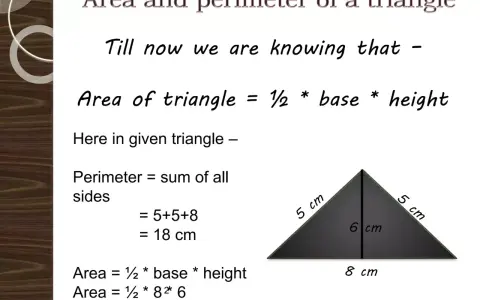 La fórmula del área de un triángulo se muestra con un triángulo de 5 cm, 5 cm, 8 cm y altura de 6 cm.