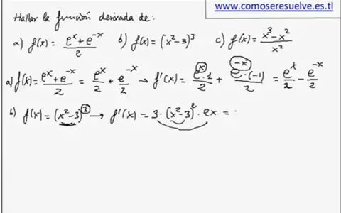 Ejemplos de cálculo de la derivada de e^x y otras funciones. Se muestran las derivadas de f(x) = (e^x + e^-x)/2 y f(x) = (x^2 - 3)^3.