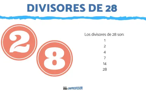 Imagen con el título "DIVISORES DE 28", números 2 y 8 en círculos naranjas, y lista de divisores de 28.