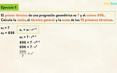 Ejercicio 1: Calcula la razón y la suma progresion geometrica de una progresión con a1=7 y a8=896.