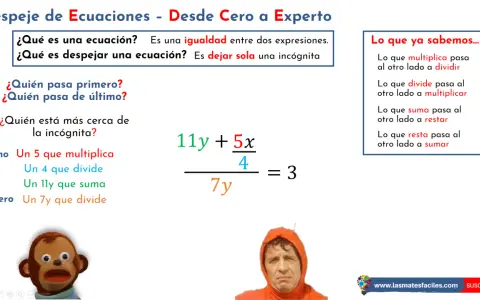 Guía para resolver ecuaciones de primer grado, explicando qué es una ecuación y cómo despejar incógnitas. Incluye ejemplos y reglas.