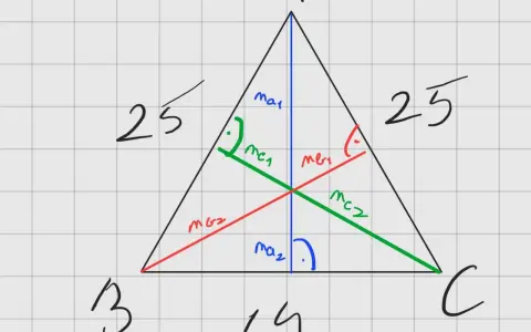 Triángulo isósceles con lados de 25 y base de 14. Se ilustra cómo se calcula la altura de un triángulo isósceles usando el teorema de Pitágoras.