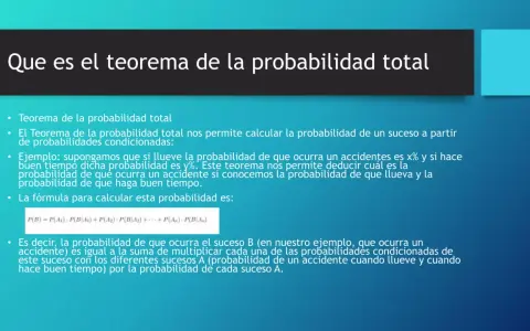 El teorema de la probabilidad total explica cómo calcular la probabilidad de un evento basándose en probabilidades condicionadas, como la probabilidad de un accidente con lluvia o buen tiempo.