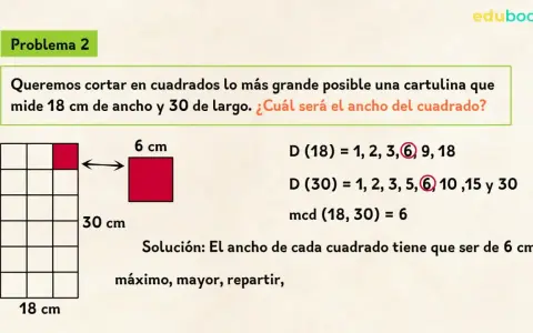 Problema 2: cortar cartulina de 18x30 cm en cuadrados iguales. Se calcula el máximo común divisor para resolver estos problemas.