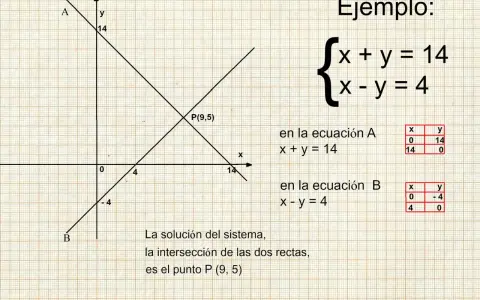 Ejemplo de ecuaciones con dos incógnitas ejercicios resueltos: dos rectas se cruzan en P(9,5).