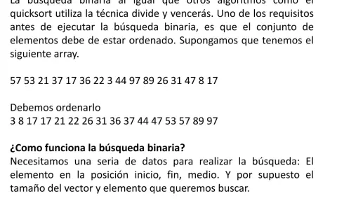 Texto explica la búsqueda binaria, un algoritmo que requiere datos ordenados. Muestra un array desordenado y su versión ordenada.