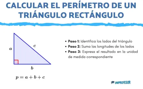 Un triángulo rectángulo con lados a, b, c y la fórmula para calcular el perímetro del triángulo: p = a + b + c.