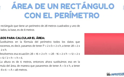 Calculando el área de un rectángulo con perímetro 28m y base 8m. Se muestra el proceso paso a paso para hallar la altura y luego el área.
