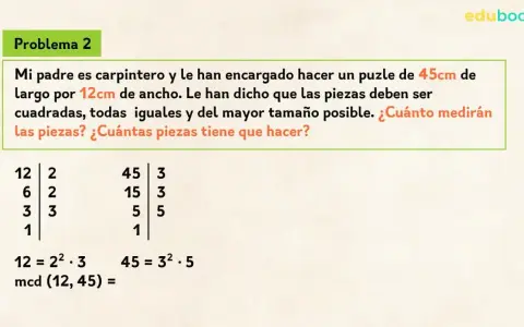 Problema de carpintería para calcular el mcd de 45 y 12, buscando el mayor tamaño de piezas cuadradas para un puzle.