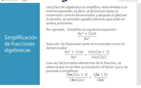 Ejemplo de cómo factorizar fracciones algebraicas para simplificarlas.
