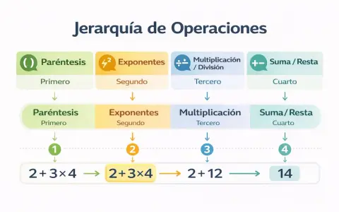 Diagrama de la jerarquía de operaciones: Paréntesis, Exponentes, Multiplicación/División, Suma/Resta. Muestra cómo resolver ejercicios paso a paso.