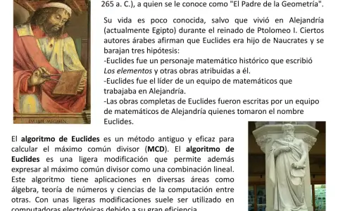 Pintura de Euclides, matemático griego, y texto que explica el algoritmo de Euclides, un método para calcular el máximo común divisor.