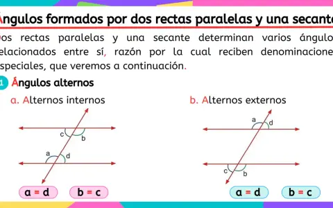 Ángulos alternos internos y externos formados por dos rectas paralelas y una secante. Se muestran ejemplos con ángulos etiquetados a, b, c, d y sus igualdades.