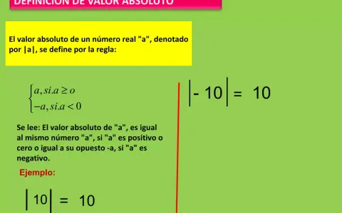 Definición de valor absoluto y ejemplos de ecuaciones con valor absoluto. Se muestra la regla para calcularlo y un ejemplo con |10| = 10.