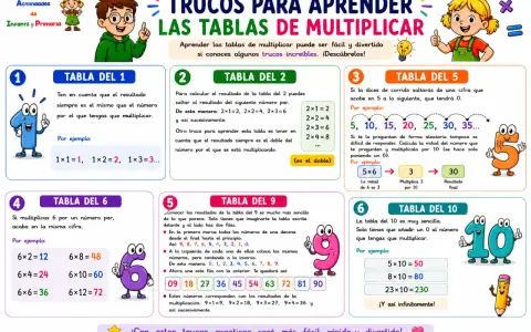 Trucos para aprender las tablas de multiplicar, incluyendo la tabla del 8. Ilustraciones de niños y números animados.