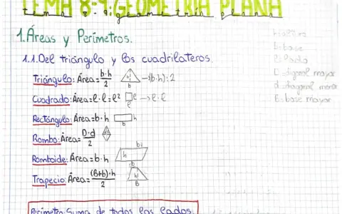 Apuntes de geometría plana: fórmulas de áreas para triángulo, cuadrado, rectángulo, rombo, romboide y trapecio, junto con la definición de perímetro.