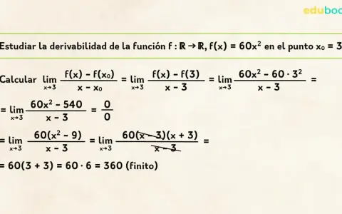 Cálculo de la derivada de f(x)=60x² en x=3. Se aplica el límite de la definición de derivada, simplificando hasta obtener 360.
