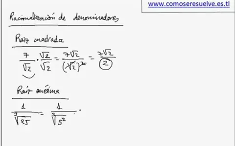 Ejemplos de ejercicios de racionalización de denominadores con raíz cuadrada y raíz enésima.