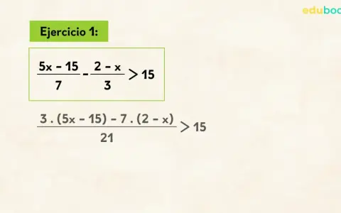 Ejercicio 1: cómo resolver inecuaciones. Se muestra la inecuación (5x-15)/7 - (2-x)/3 > 15 y un paso intermedio.