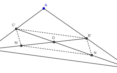 Geometría: puntos A, B, C forman un triángulo. Se muestran puntos intermedios y líneas, incluyendo una bisectriz de un triángulo.