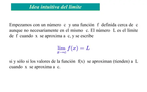La imagen muestra la **fórmula número e** en el contexto de la idea intuitiva del límite. Explica que L es el límite de f(x) cuando x se aproxima a c.