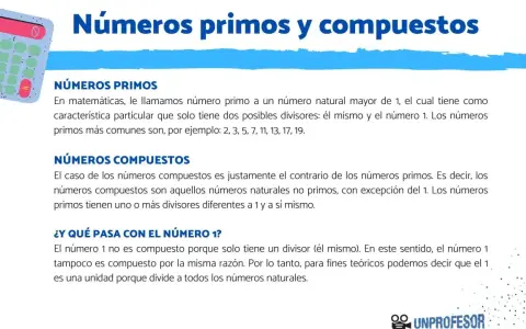 Explicación de números primos y compuestos, con ejemplos y la particularidad del número 1.