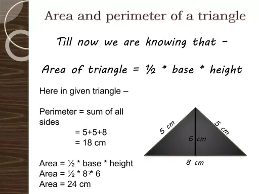 La fórmula del área de un triángulo se muestra con un triángulo de 5 cm, 5 cm, 8 cm y altura de 6 cm.