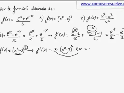 Ejemplos de cálculo de la derivada de e^x y otras funciones. Se muestran las derivadas de f(x) = (e^x + e^-x)/2 y f(x) = (x^2 - 3)^3.