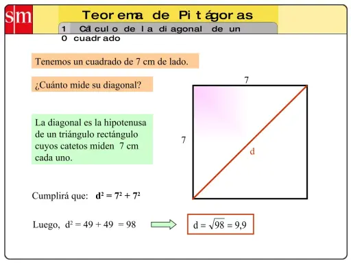 Un cuadrado de 7 cm de lado, con su diagonal marcada. Se explica cómo calcular la diagonal usando el teorema de Pitágoras.
