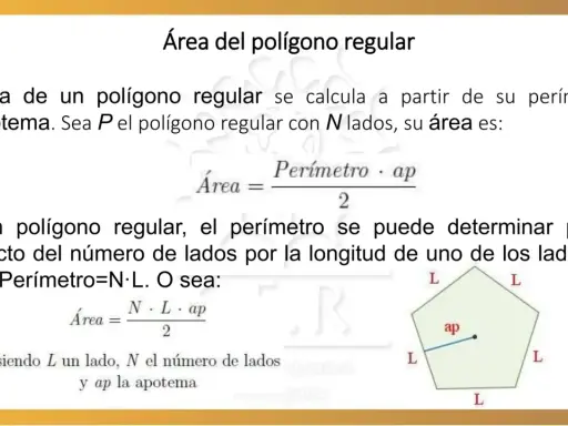 Ejercicios de áreas de polígonos regulares: fórmulas y diagramas explican cómo calcular el área usando perímetro y apotema.
