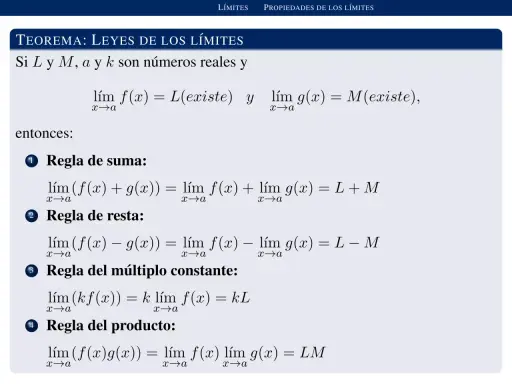 Teorema de las propiedades de los límites: suma, resta, múltiplo constante y producto.