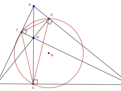 El ortocentro de un triángulo, H, es el punto de intersección de las alturas. Aquí se muestra un triángulo ABC con sus alturas AD, BE y CF, y el ortocentro H.