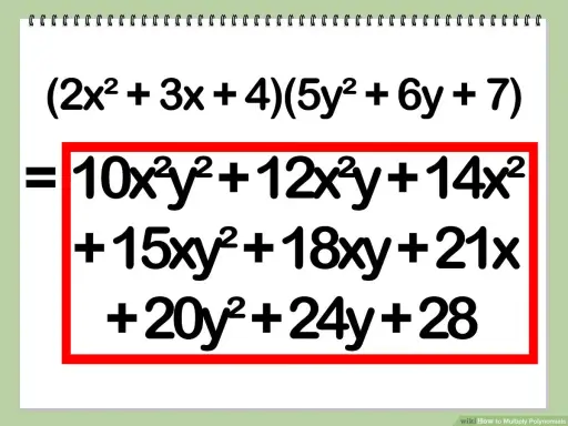 Ejemplo de cómo multiplicar polinomios: (2x² + 3x + 4)(5y² + 6y + 7) = 10x²y² + 12x²y + 14x² + 15xy² + 18xy + 21x + 20y² + 24y + 28.