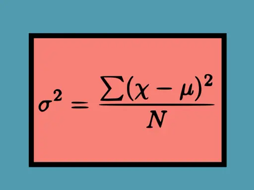 El símbolo de varianza σ² se calcula sumando las diferencias al cuadrado entre cada dato (x) y la media (μ), dividido por el número total de datos (N).