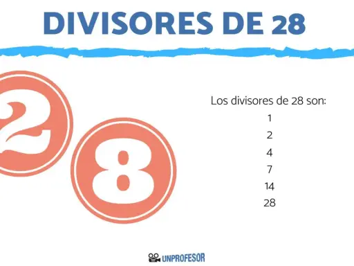 Imagen con el título "DIVISORES DE 28", números 2 y 8 en círculos naranjas, y lista de divisores de 28.