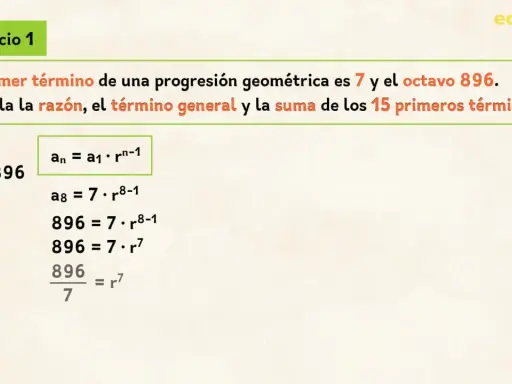 Ejercicio 1: Calcula la razón y la suma progresion geometrica de una progresión con a1=7 y a8=896.