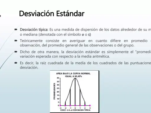 La desviación típica en estadística mide la dispersión de datos. La imagen muestra una curva normal y explica qué es la desviación estándar.