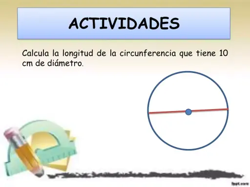 Actividad: calcula el perímetro de un círculo con 10 cm de diámetro. Se muestra un círculo con su diámetro y herramientas de dibujo.