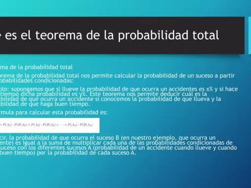 El teorema de la probabilidad total explica cómo calcular la probabilidad de un evento basándose en probabilidades condicionadas, como la probabilidad de un accidente con lluvia o buen tiempo.