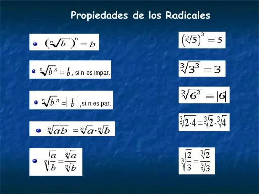 Propiedades de los radicales: (n√b)ⁿ = b, ⁿ√bⁿ = b (si n es impar), ⁿ√bⁿ = |b| (si n es par), ⁿ√ab = ⁿ√a ⋅ ⁿ√b, ⁿ√a/b = ⁿ√a / ⁿ√b.