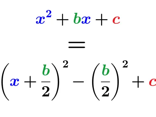 La fórmula para completar cuadrados muestra cómo transformar x² + bx + c en (x + b/2)² - (b/2)² + c.